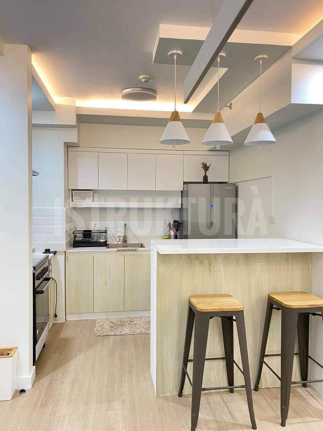 Modern kitchen with white and wood cabinetry